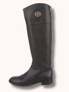 Tory Burch Black Leather Knee-High Boots with Gold Logo Medallion